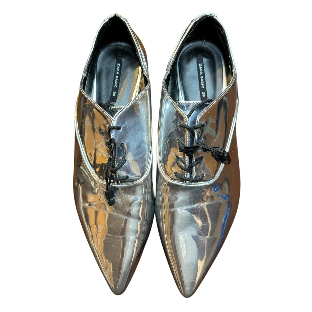 Zara Basic Shoes Womens‎ Size 7.5 Silver Metallic Pointed Toe Lace Up Flats